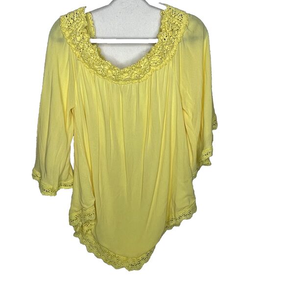 Zanzea Women's Yellow  Lace Trim Round Neck 3/4 Sleeve Blouse Bell Hi-Low Large - Picture 1 of 9